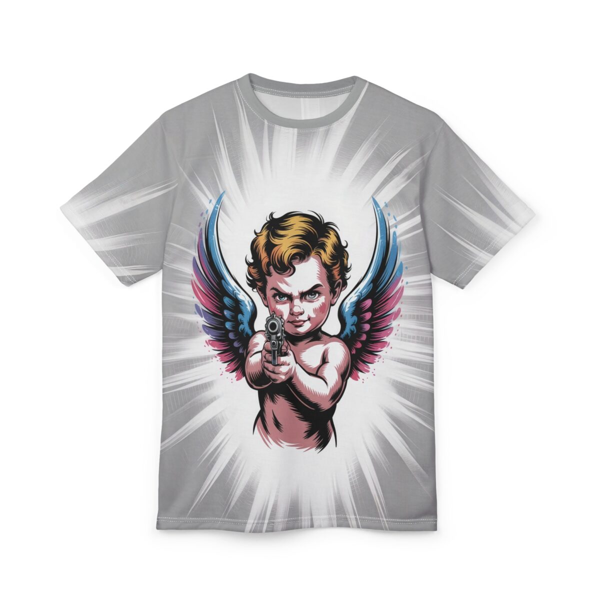 Angry cherub with gun and colorful wings all over print sublimation tee, featuring a radiant white sunburst graphic.