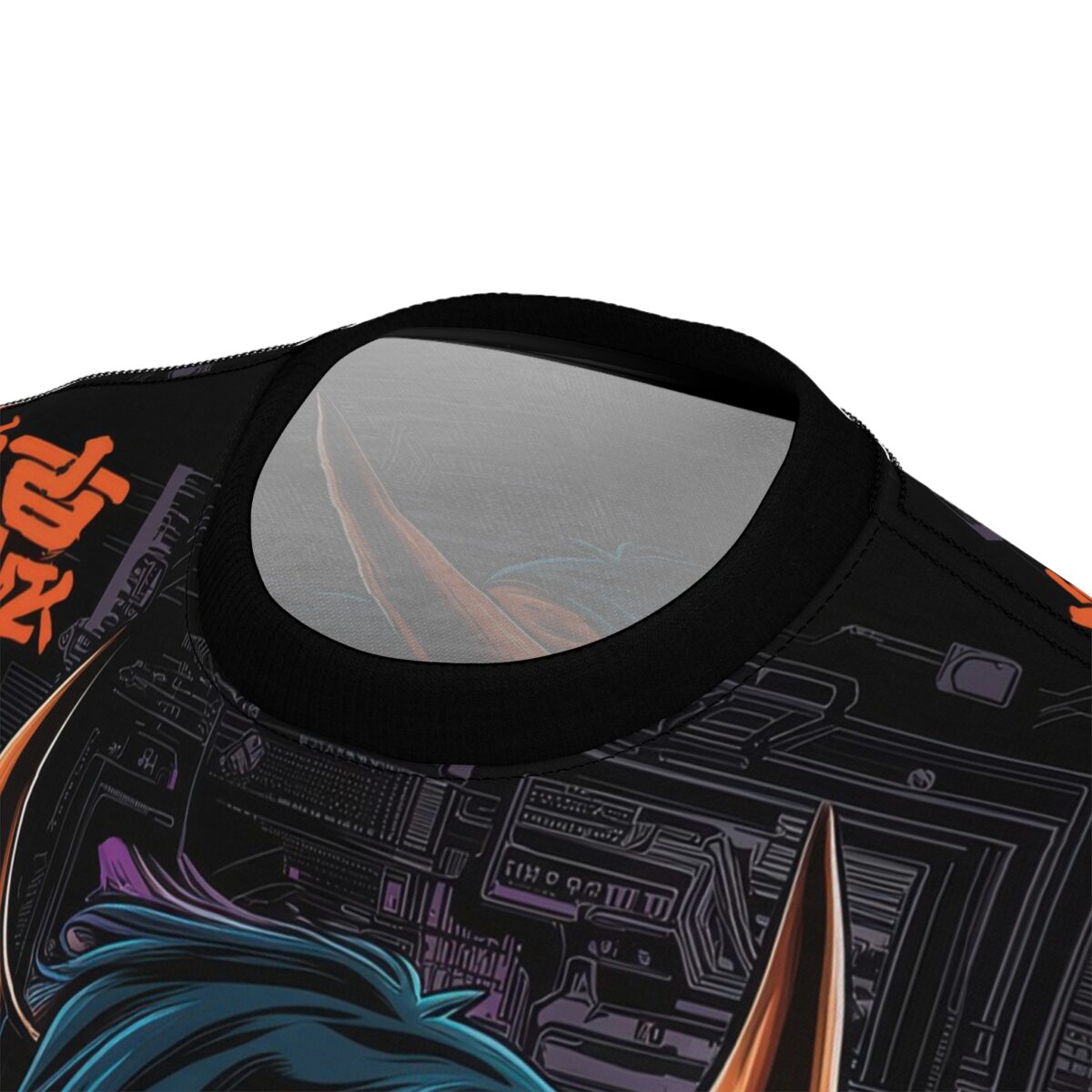 Close-up of a black t-shirt with a cyberpunk anime design featuring orange Japanese characters, intricate circuit board patterns, and a character with blue hair and golden horns.