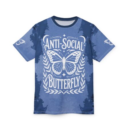 Blue all over print sublimation tee with white "Anti-Social Butterfly" text and butterfly graphic.