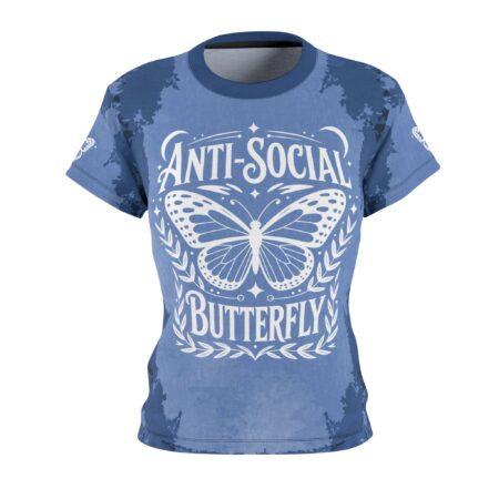 Blue distressed all over print sublimation tee with white 'Anti-Social Butterfly' text and butterfly graphic.
