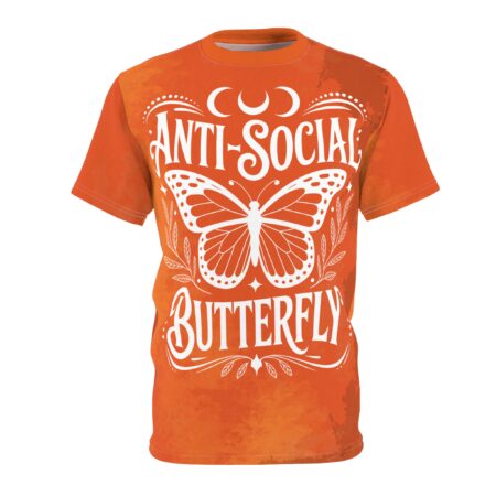 Orange watercolor patterns cover this 3D graphic t-shirt, featuring a white butterfly and the text "ANTI-SOCIAL BUTTERFLY".