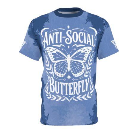 Blue all over print sublimation tee with white "Anti-Social Butterfly" text and butterfly graphic.