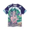 All over print sublimation tee featuring a celestial fantasy graphic. Features anime-style woman with horns, green waves, beach, and planets.