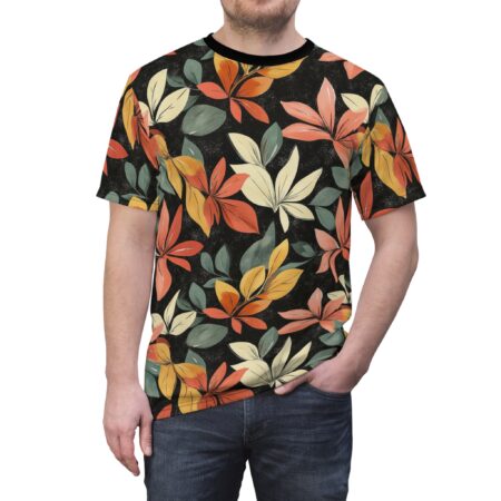 Black all over print t-shirt featuring a vibrant floral pattern with leaves in shades of red, orange, yellow, and green.