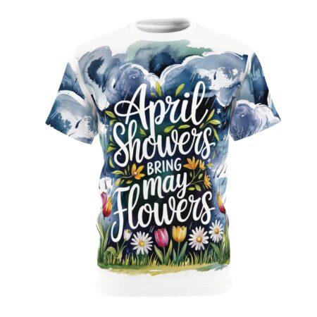 Dark blue and grey watercolor clouds with rain streaks cover this seamless pattern tee, featuring white calligraphy that reads "April Showers Bring May Flowers" amidst colorful tulips and daisies.