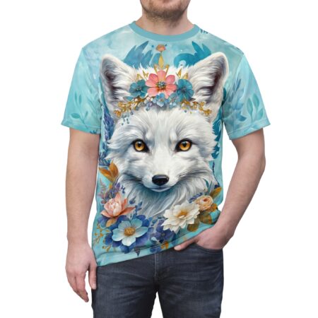 White fox with floral crown and blue, pink, and orange flowers adorn this light blue all-over print shirt with leafy background.