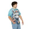 All over print t-shirt featuring a white arctic fox wearing a floral crown with blue and pink flowers.