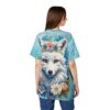 White arctic fox with floral crown all over print sublimation tee featuring blue and white flowers.