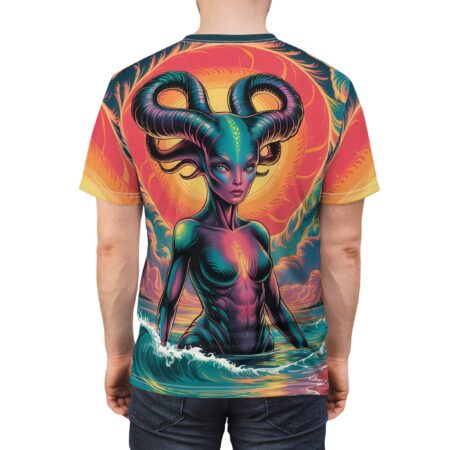 Vibrant pink, orange, and teal hues cover this sublimation graphic tee, depicting a mystical mermaid with large, curled horns and a powerful wave.