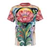 Red poppies and green leaves in watercolor style cover this oversized full print tee, with abstract geometric shapes and rainbow stripes in the background.