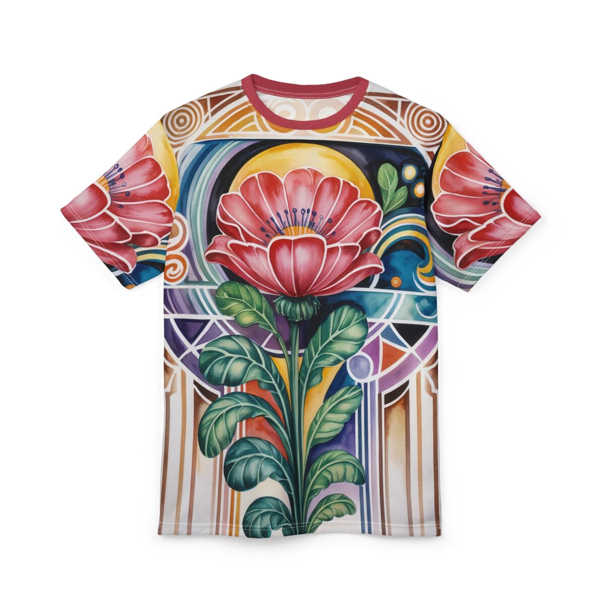 Vivid red flowers and green leaves adorn this tee, with geometric shapes and rainbow arcs in the background.