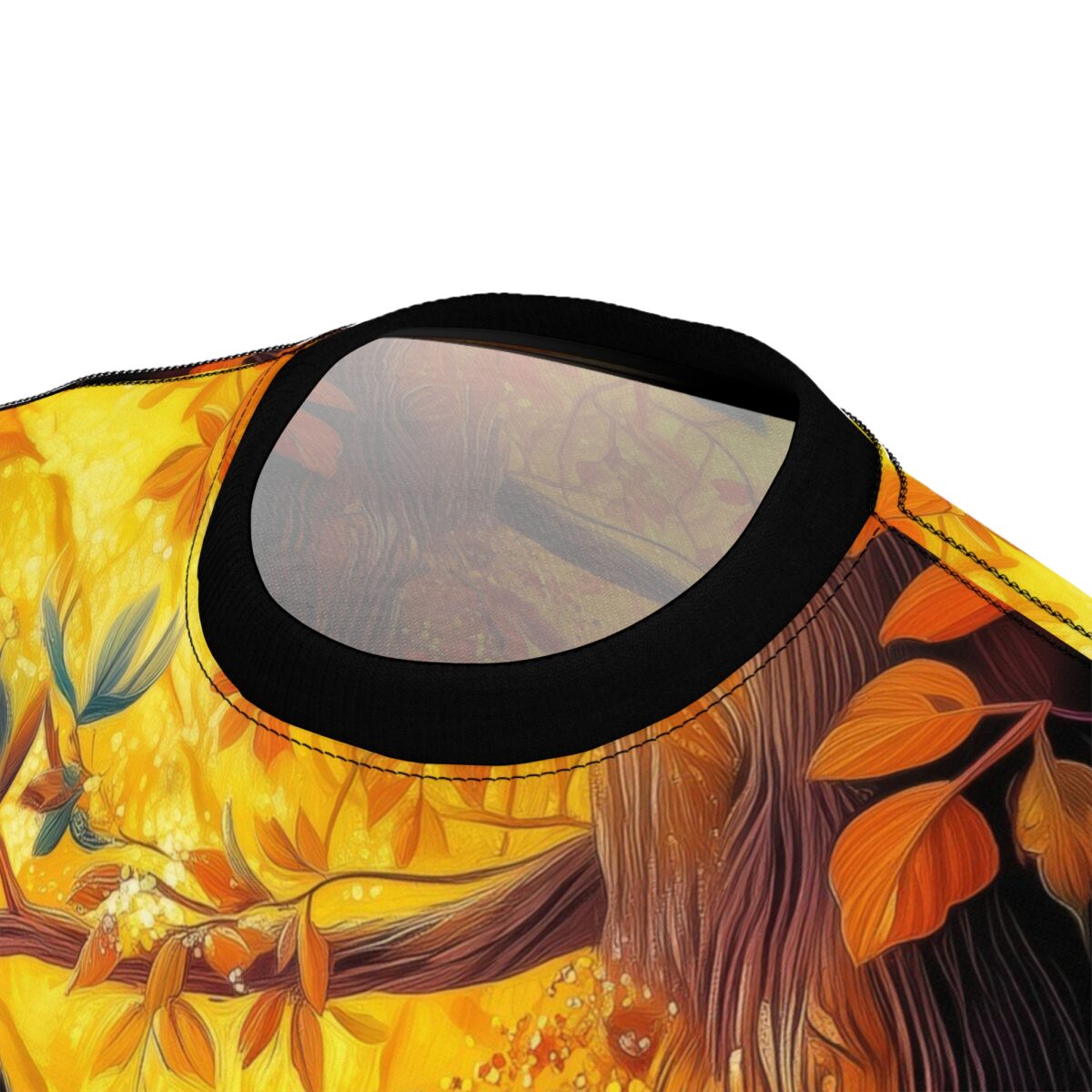 Vibrant yellow and orange leaves, dark brown tree bark textures, and dark blue foliage cover this patterned tee shirt, depicting a whimsical forest scene.