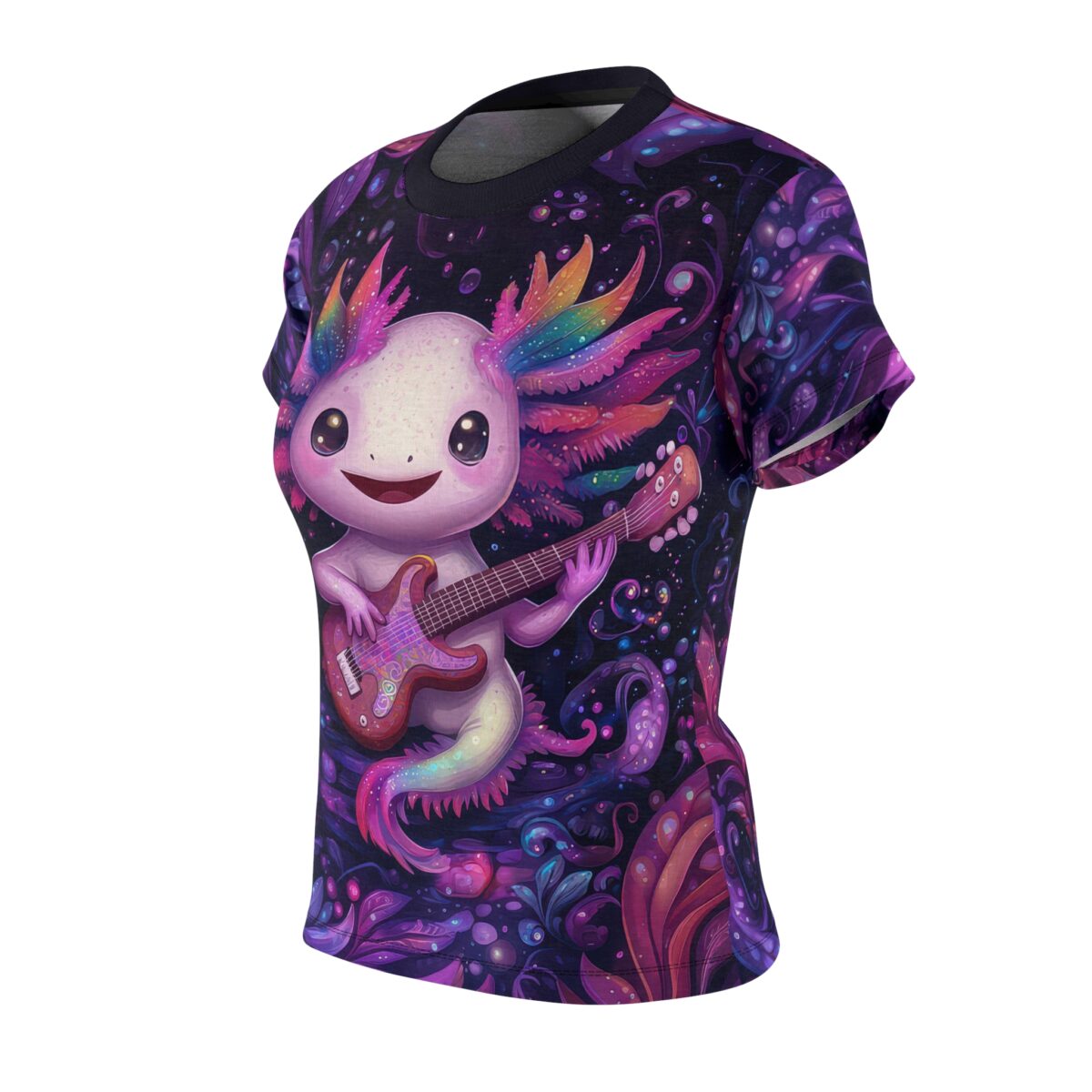 Whimsical Axolotl Guitar Tee for Women - Vibrant All Over Print Tee