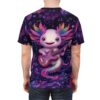 Vibrant rainbow and purple floral patterns cover this graphic streetwear tee, depicting a cute axolotl playing a guitar.