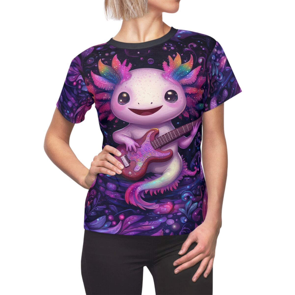 Whimsical Axolotl Guitar Tee for Women - Vibrant All Over Print Tee