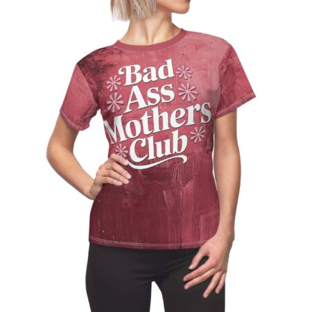 Textured burgundy brushstrokes cover this all over print apparel, depicting bold white typography and pink daisy icons.
