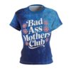 Textured blue brushstrokes cover this all over print apparel, displaying bold white text and pink flowers.