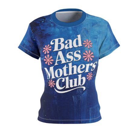 Textured blue brushstrokes cover this all over print apparel, displaying bold white text and pink flowers.