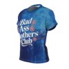 Abstract blue painted textures cover this sublimation graphic tee, depicting bold white typography, pink daisy accents.