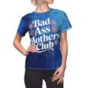 Textured blue brushstrokes cover this all over print apparel, showcasing white typography and pink starburst accents.