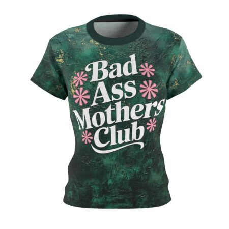 Distressed dark green textures cover this sublimation graphic tee, displaying white typography bordered by pink flowers.