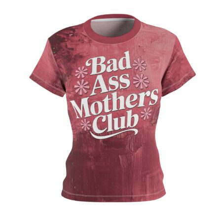 Deep red brushstroke textures cover this sublimation graphic tee, displaying bold white typography and pink flower icons.