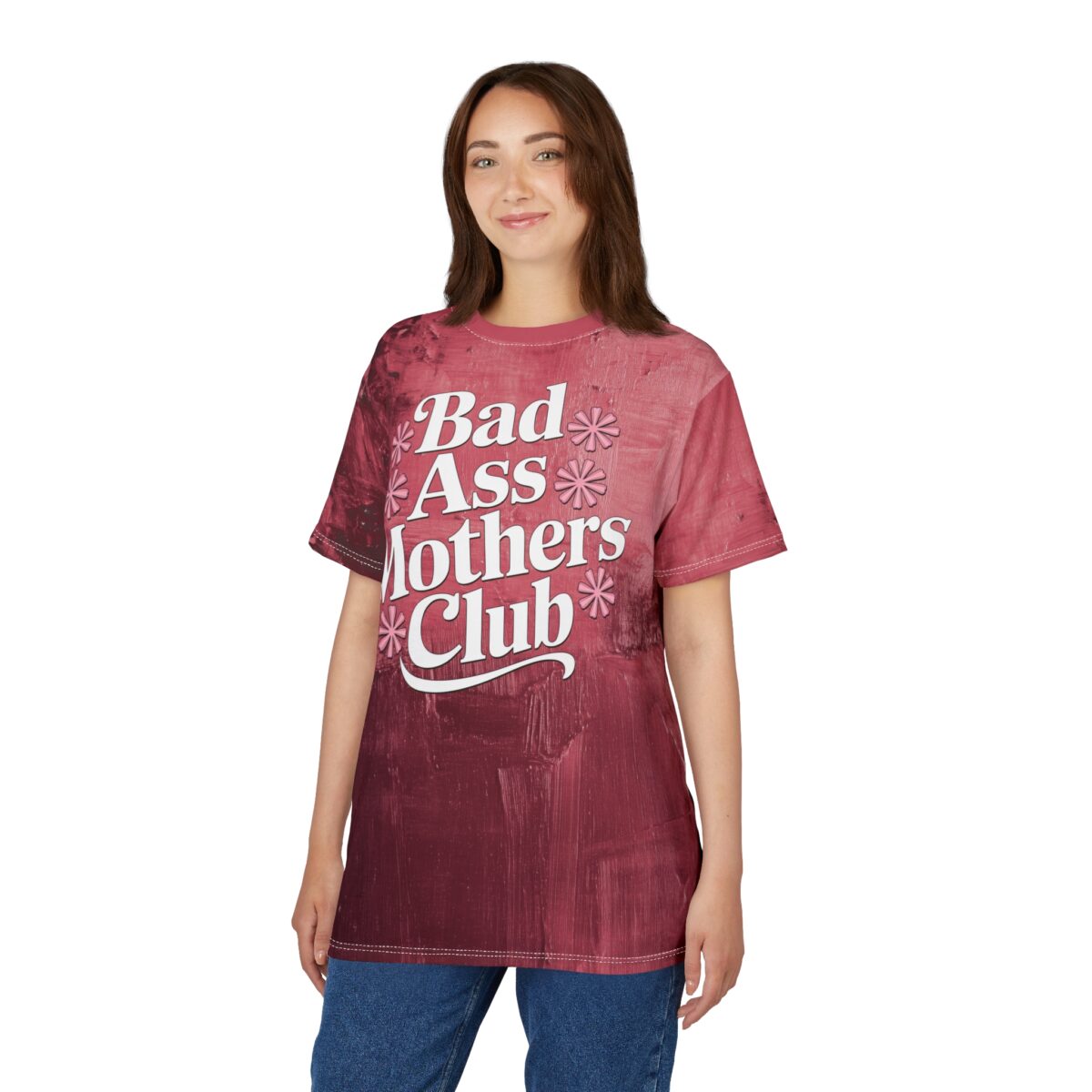 This all over print t-shirt features a distressed red background with white text that says "Bad Ass Mothers Club".