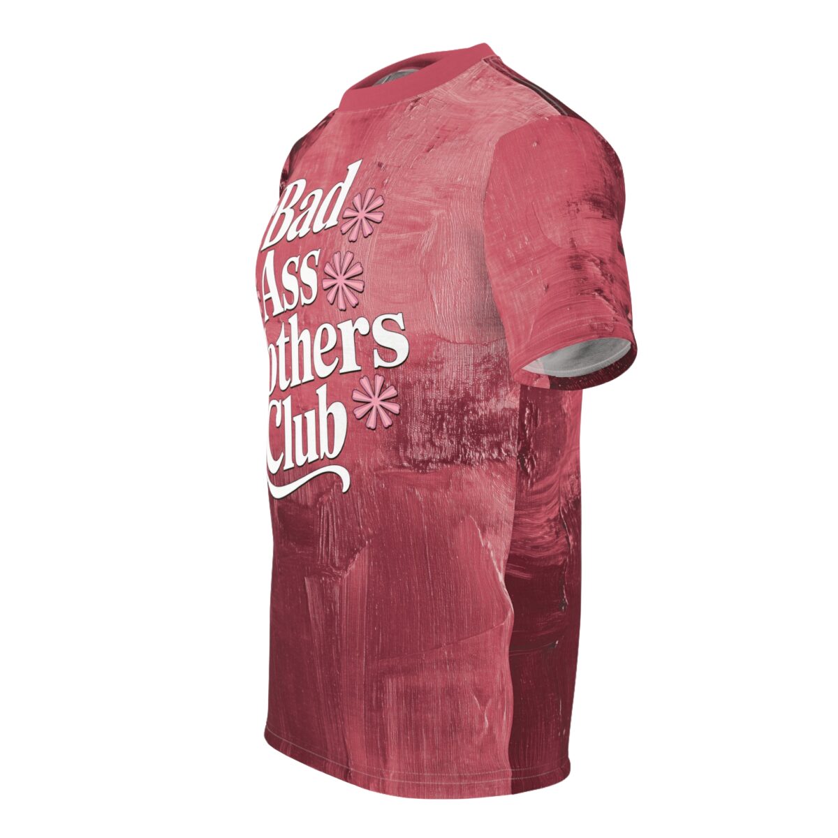 Red textured all over print t-shirt with white "Bad Ass Mothers Club" graphic and pink flower accents.