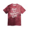 Red abstract brush stroke t-shirt with white 'Bad Ass Mothers Club' text and pink floral accents.