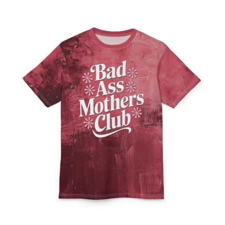 Red abstract brush stroke t-shirt with white 'Bad Ass Mothers Club' text and pink floral accents.