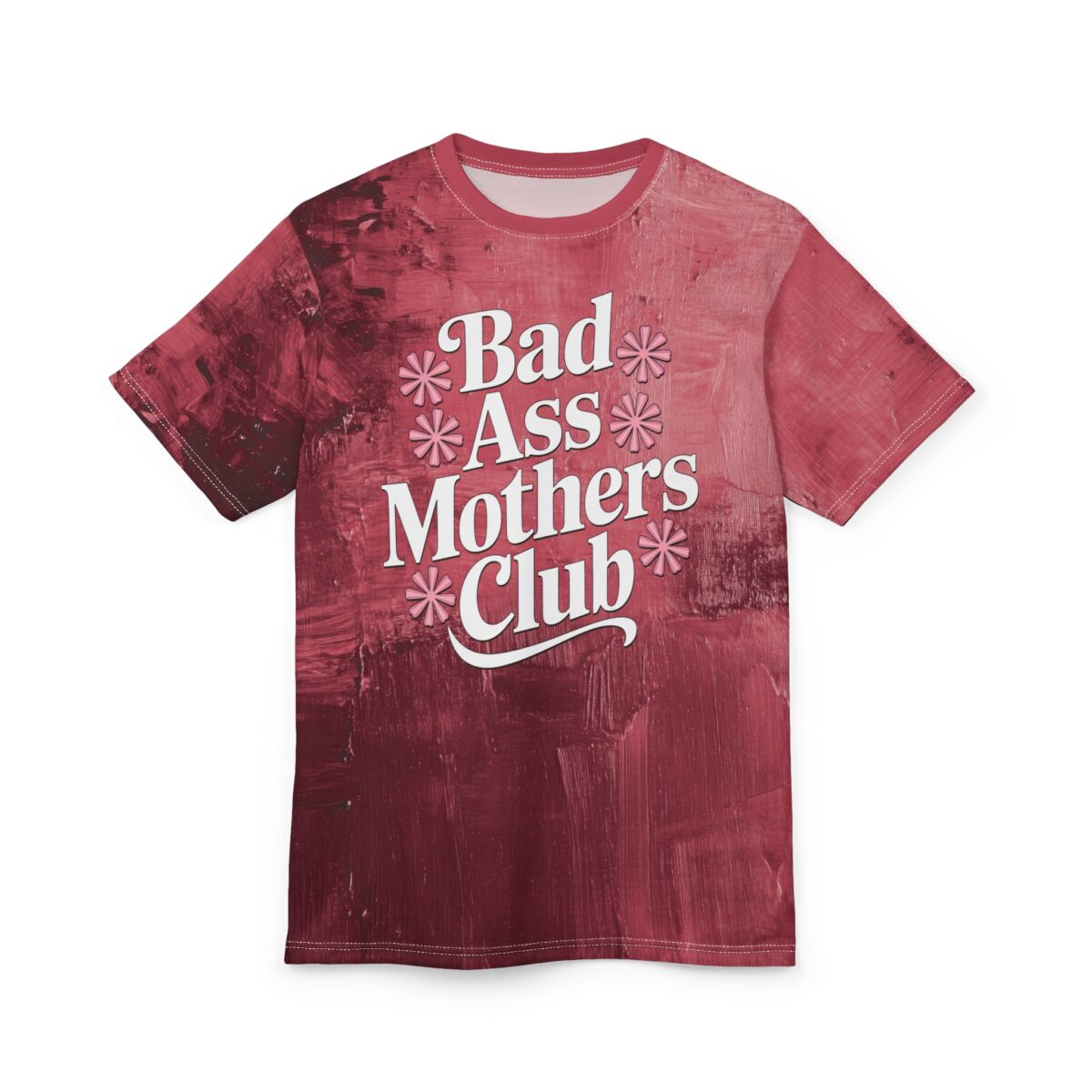 Red abstract brush stroke t-shirt with white 'Bad Ass Mothers Club' text and pink floral accents.