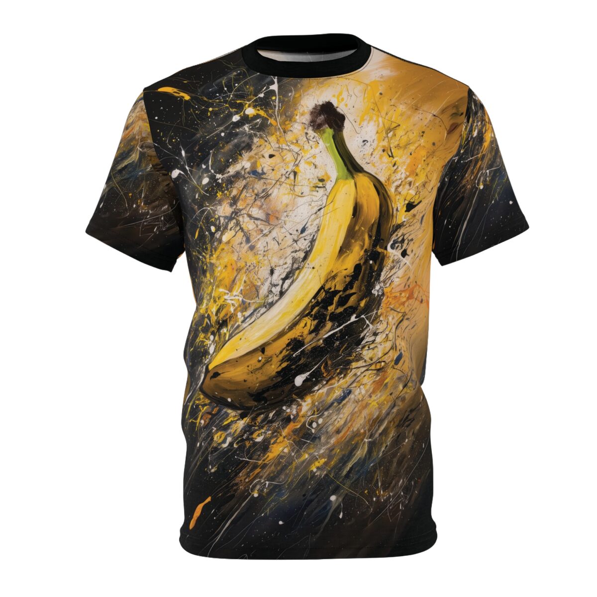 Yellow banana with black and gold paint splatters and streaks, on a black background.