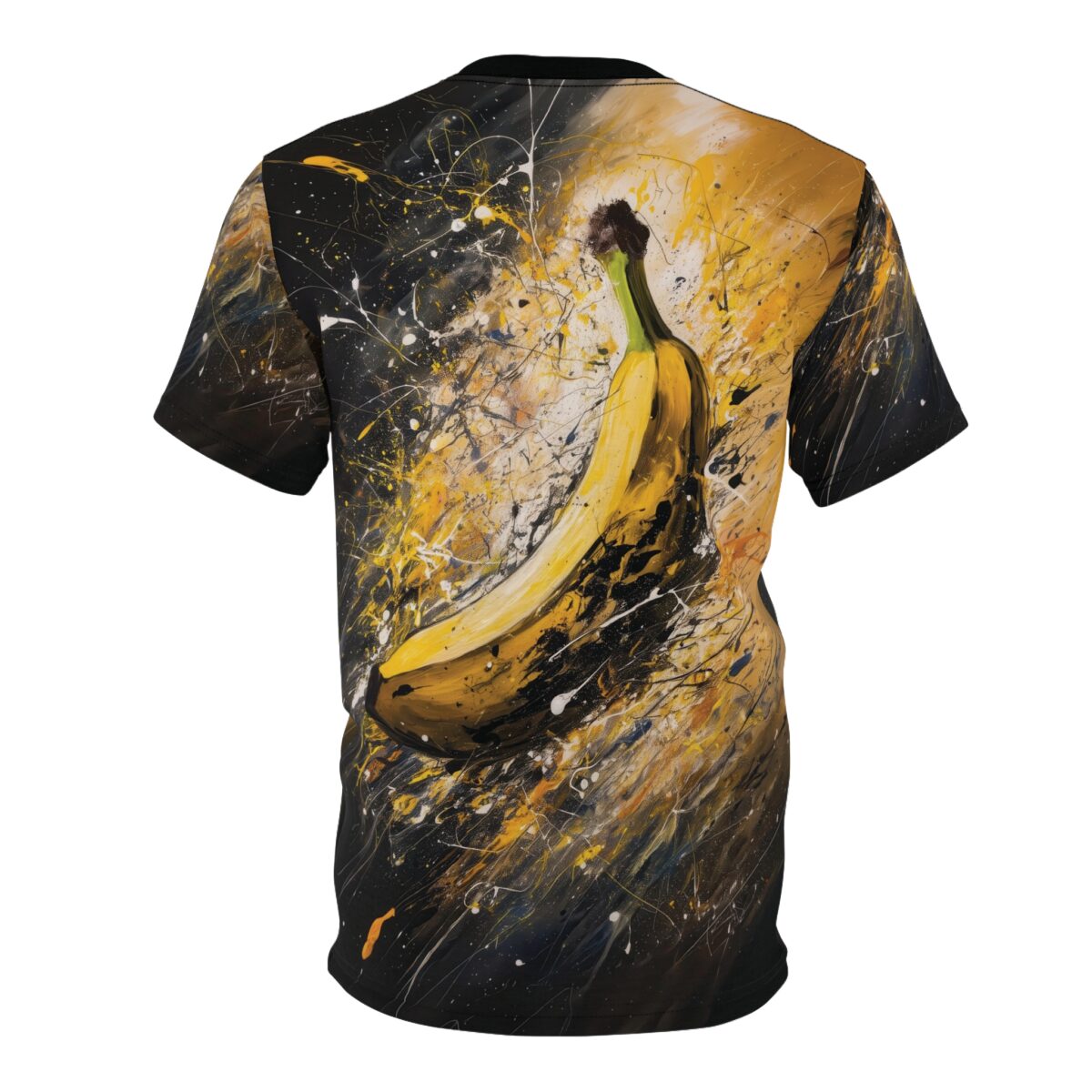 Yellow and black paint splatters and brushstrokes cover this seamless pattern tee, featuring a detailed banana illustration.