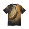 Black t-shirt with a vibrant, abstract paint splash background and a central realistic banana graphic.