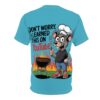 A cartoon mouse in a chef's hat and jeans grills with a fork, surrounded by flames and the text 