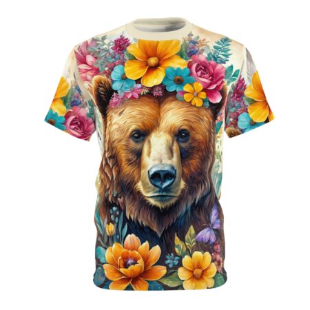 Vibrant flowers in pink, yellow, blue, and orange cover this graphic streetwear tee, featuring a detailed bear head adorned with a floral crown.