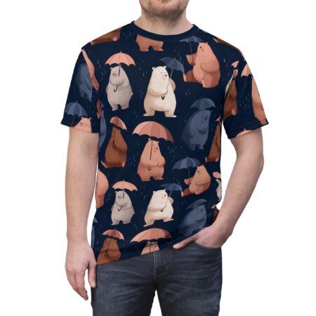 Brown, cream, and blue bears with umbrellas and rain accents cover this seamless pattern tee.