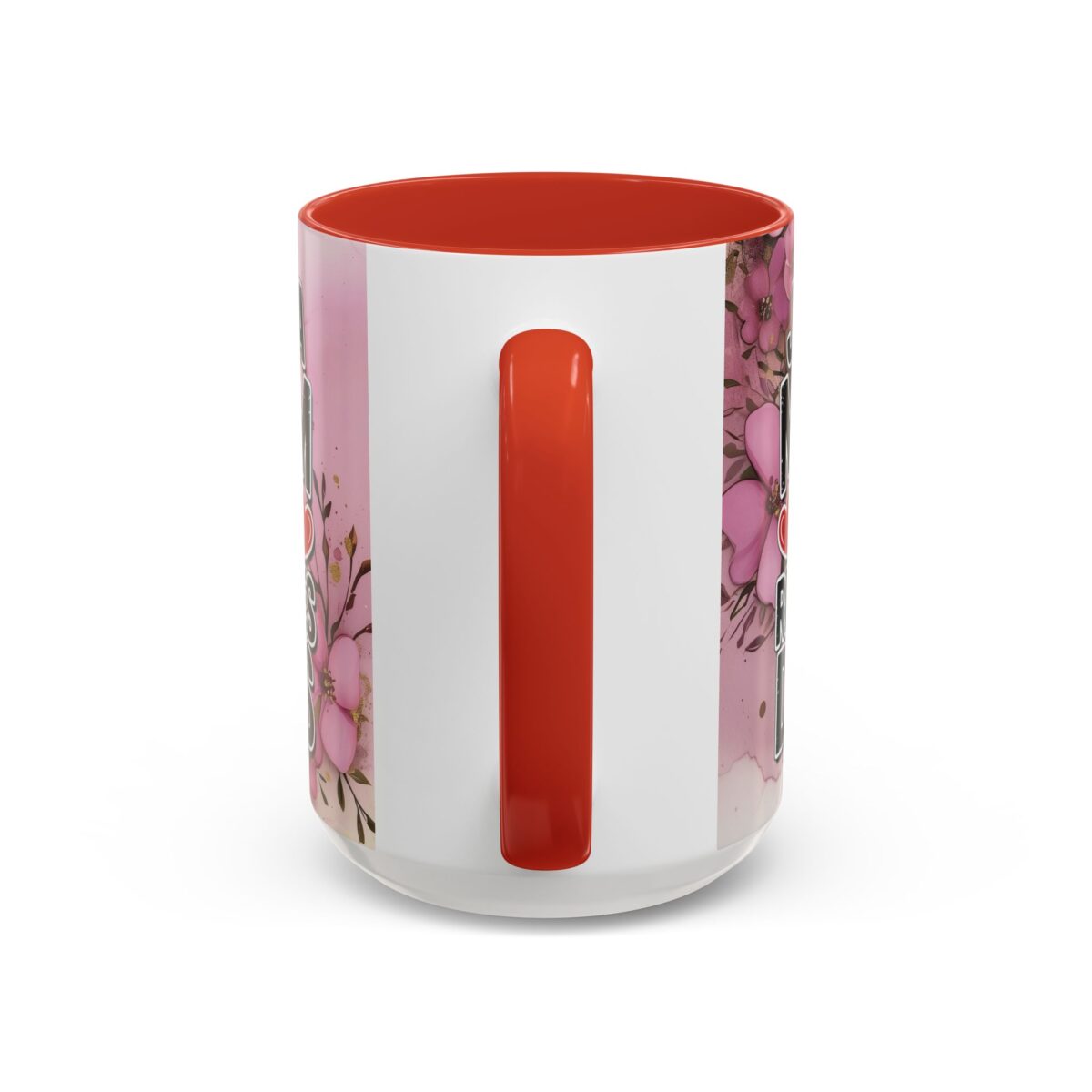 "Best Mom Ever" ceramic mug with a pink floral and gold accent design, featuring a white body and a red handle and interior.