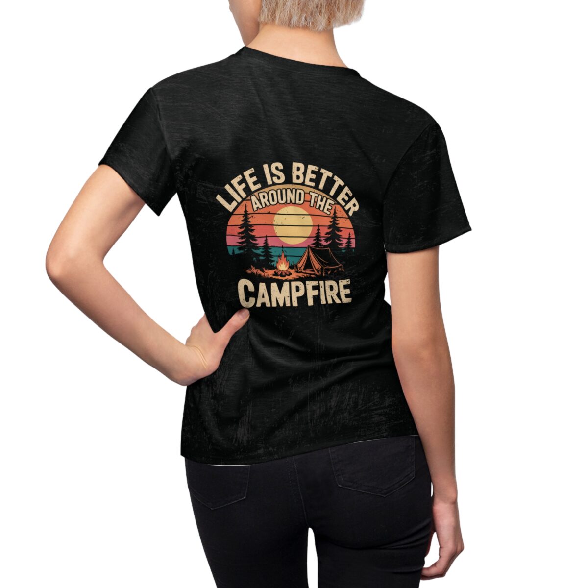 Black graphic t-shirt with vintage sunset camping scene and 'Life is Better Around the Campfire' text.
