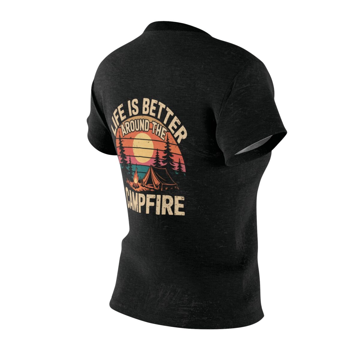 Black t-shirt with vintage sunset graphic, tent, campfire, and trees. Text reads 'Life is Better Around the Campfire'.