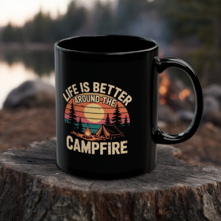 Black camping mug with vintage sunset graphic featuring text 'Life is Better Around the Campfire', tent, campfire, and trees.