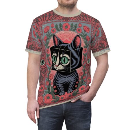 Red floral borders and eyes surround a black cat with a cube head on this all over print t-shirt.