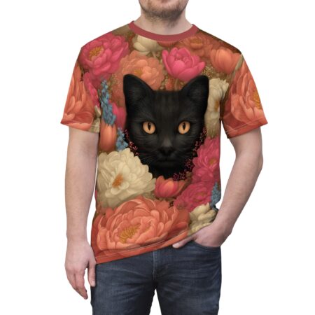 Black cat face peeking through a vibrant floral pattern all over print sublimation tee.