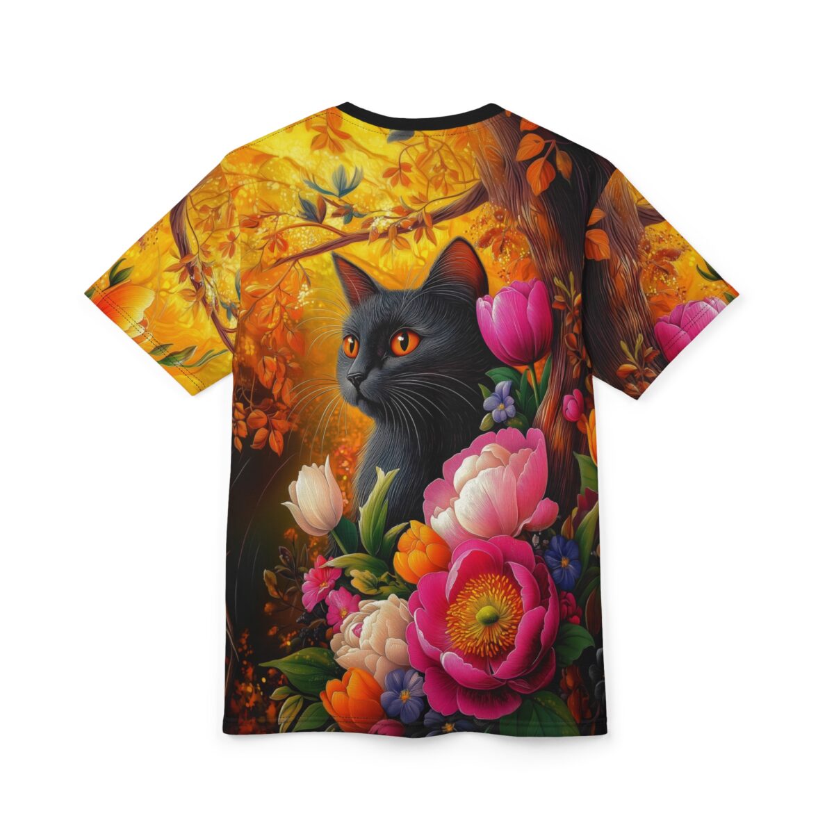 Vibrant orange and yellow hues, a black cat, and lush pink, white, and blue flowers fill this full print shirt.