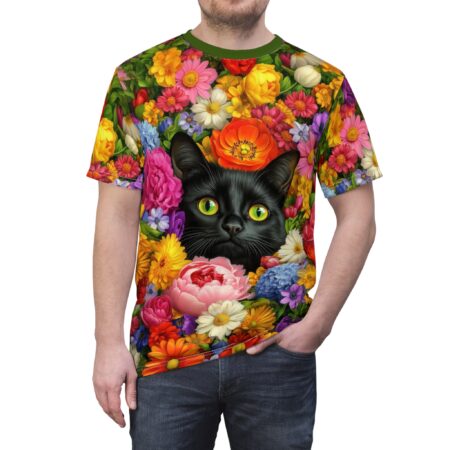 Vibrant pinks, yellows, oranges, and blues cover this all over print apparel, with a black cat's face peeking through a lush floral arrangement.