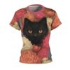 Black cat with striking orange eyes surrounded by a vibrant, detailed floral pattern on an all-over print sublimation tee.