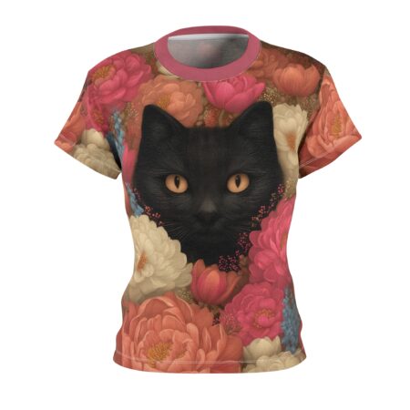 Black cat with striking orange eyes surrounded by a vibrant, detailed floral pattern on an all-over print sublimation tee.