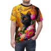 All over print sublimation tee with a black cat and vibrant floral arrangement in a forest setting.