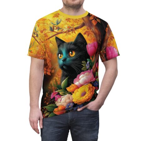 Warm yellow and orange foliage, a black cat with yellow eyes, and vibrant pink, yellow, and orange flowers cover this 3D graphic t-shirt.