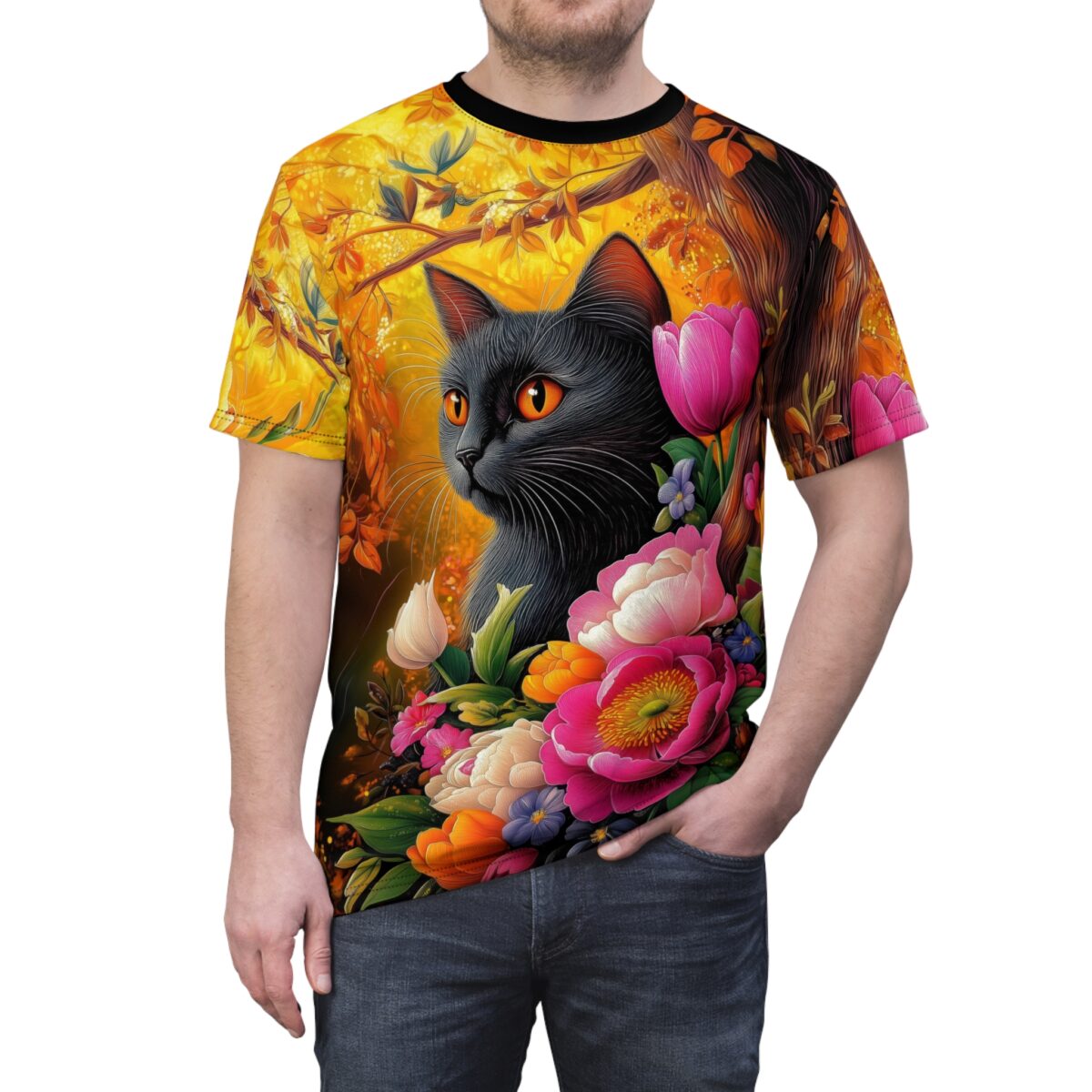 All over print sublimation tee with a black cat and vibrant floral arrangement in a forest setting.